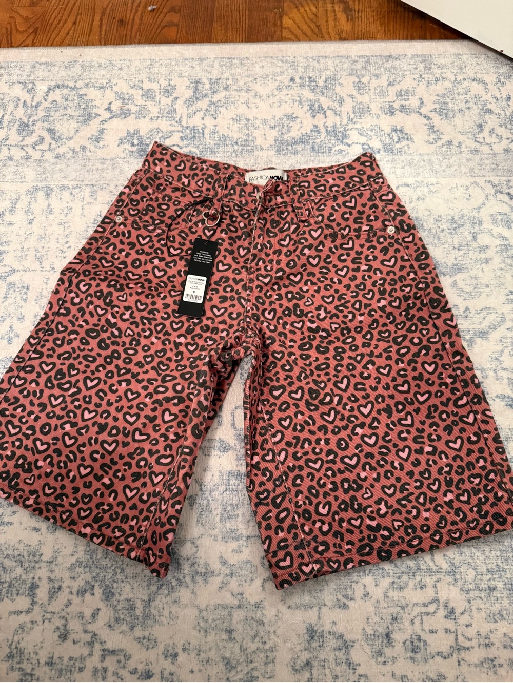 Fashion Nova Pink Leopard Heart Print Denim Shorts